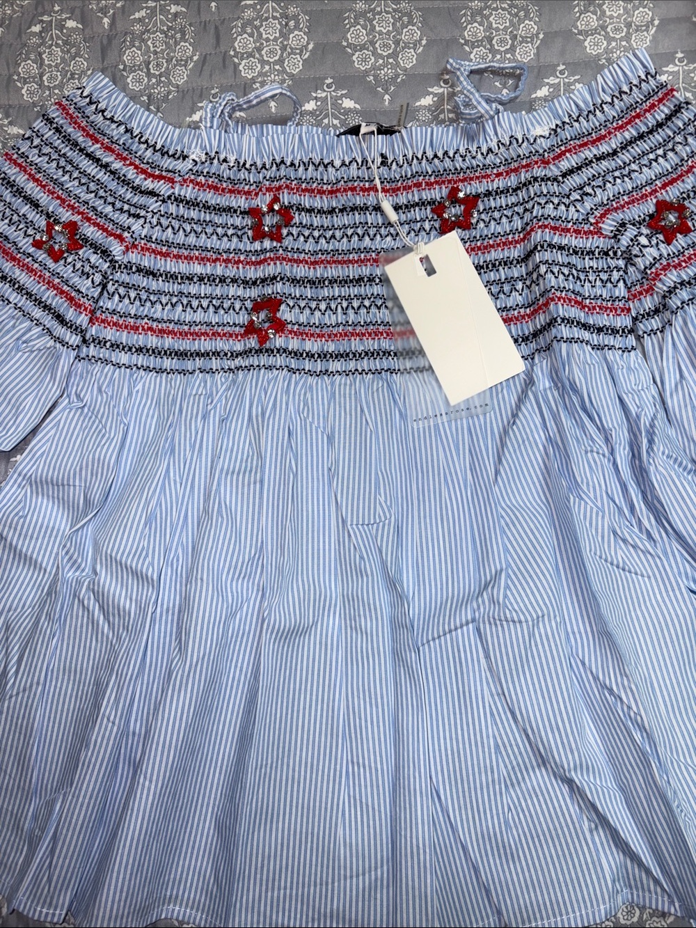 NWT! Endless Rose Light Blue & White Striped Smocked top with Red Embroidery